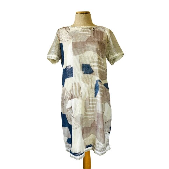 Elisa Cavaletti Women's Medium Italian Sequin Mesh Overlay Dress Beige/Blue - Picture 1 of 15